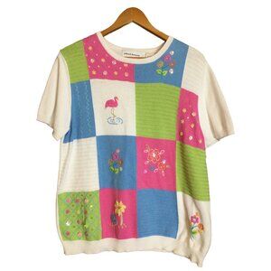 Alfred Dunner Patchwork Embroidered Embellished Sweater Size L Coastal Grandma